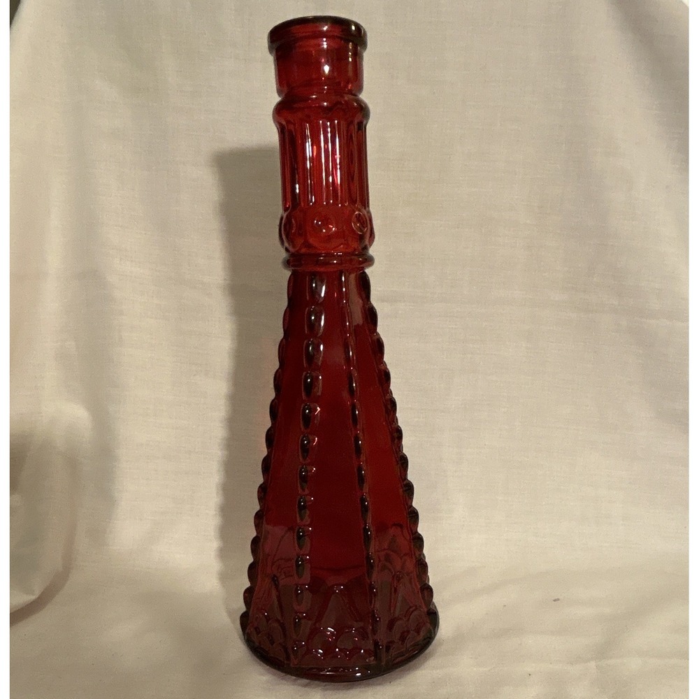 Vintage Red Morey Mallorca pressed glass bottle conical shape and beaded